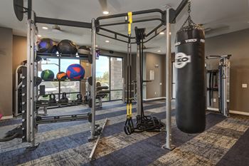 A gym with a punching bag and weights on a rack